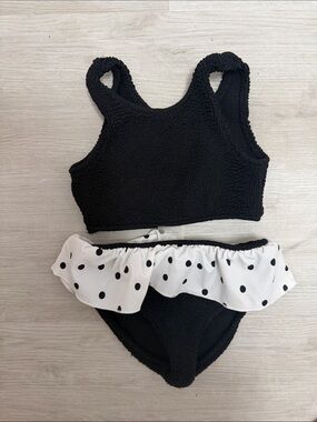 Girls Black Two-Piece Bikini with Polka Dot Ruffle